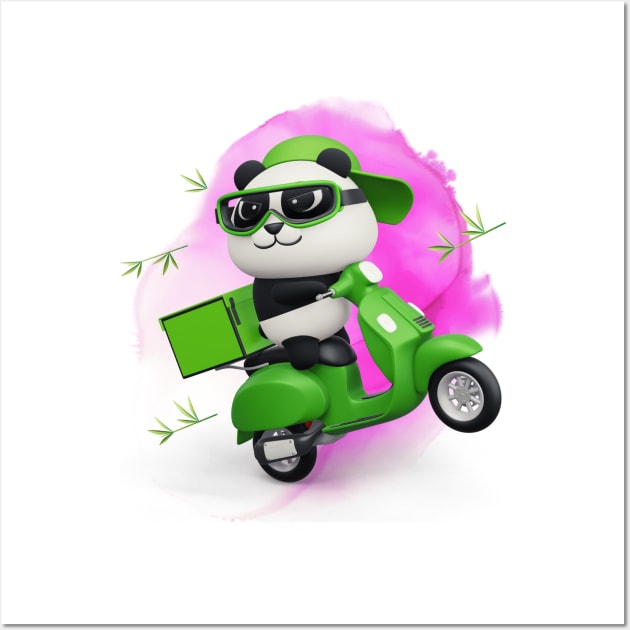 Cute Panda Riding Green Scooter - Adorable Panda - Kawaii Panda Wall Art by Suga Collection